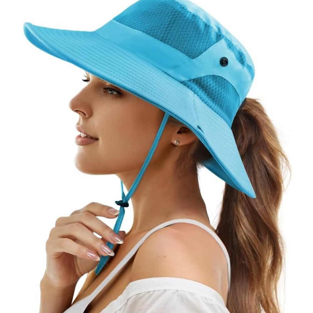 Women’s Ponytail Wide Brim Bucket Hat – Muryobao – Sky Blue – NWOT